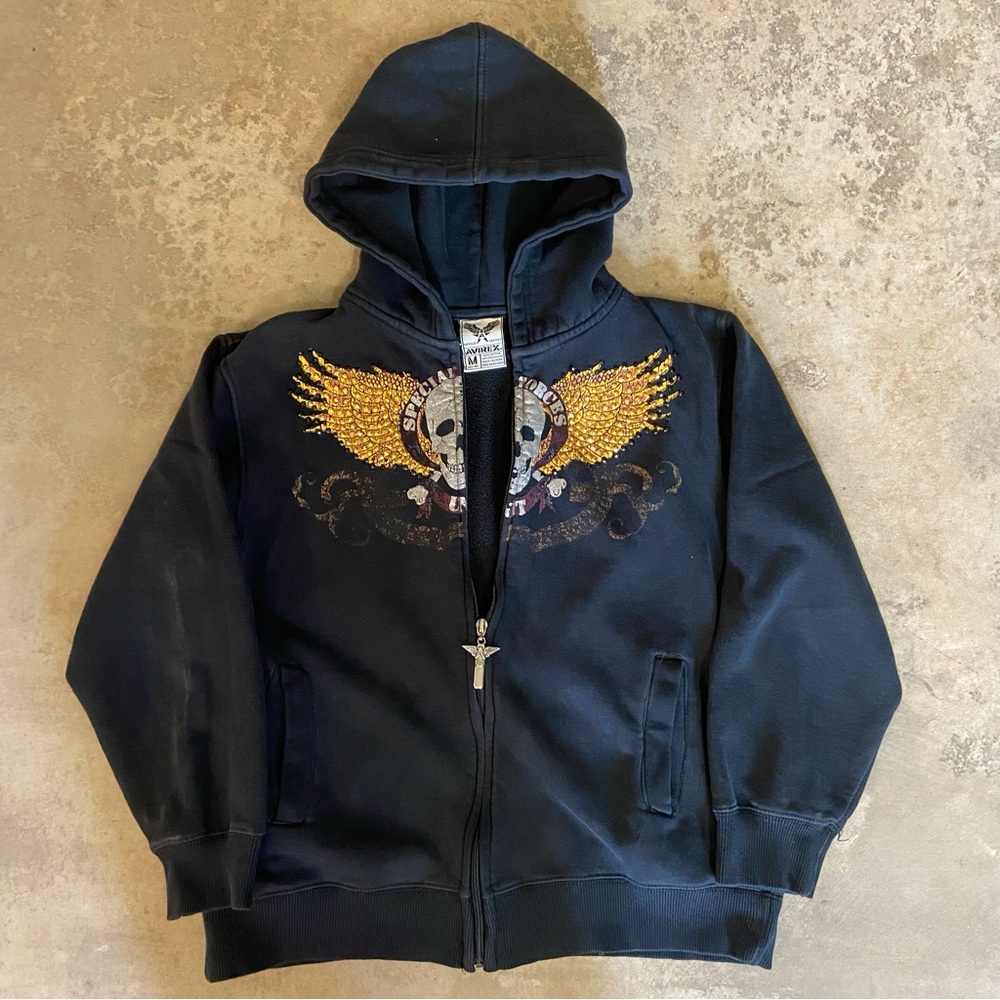 AVIREX medium zip up angel wing skull and bones hoodie
